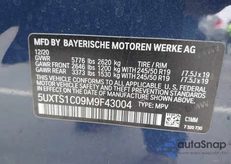 2021 BMW X3 Phev xDrive30E z USA, uszkodzony, nr VIN 5UXTS1C09M9F43004